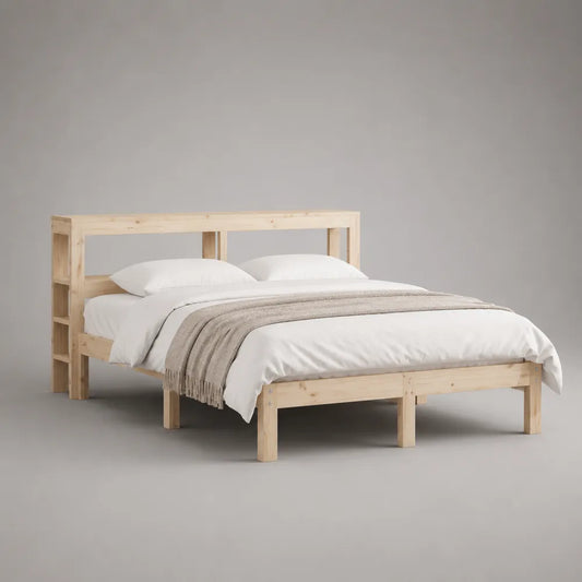 Letto matrimoniale 160 x 200 cm struttura in legno massello di pino con testiera e libreria laterale integrata colore legno naturale chiaro senza contenitore
