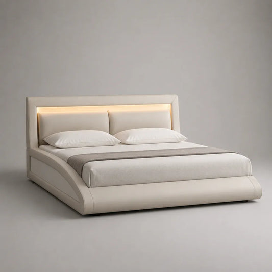 Letto matrimoniale 180x200 cm struttura imbottita in pelle sintetica PU colore beige con testiera LED e design curvo senza contenitore