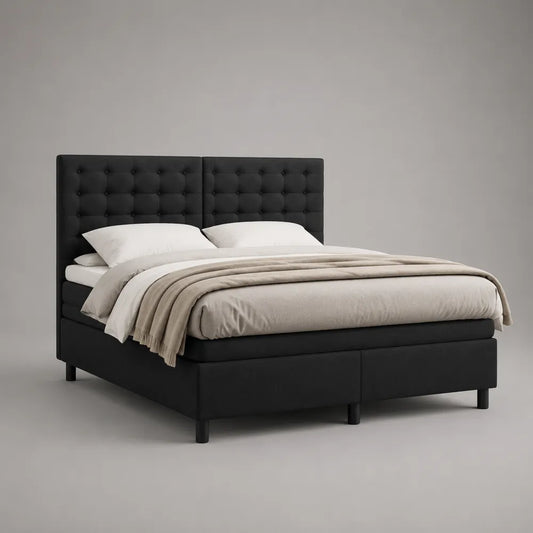 Letto matrimoniale 160 x 200 cm imbottito in tessuto poliestere nero con testiera capitonné a pannelli gambe cilindriche nere senza contenitore