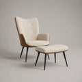 Poltrona con pouf 75 cm x 80 cm x 100 cm struttura in legno e rivestimento tessuto bouclé beige gambe in metallo nero set 2 pezzi