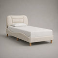 Letto singolo imbottito 90x200 cm struttura letto in tessuto poliestere beige con testiera a pannelli imbottiti gambe in legno naturale