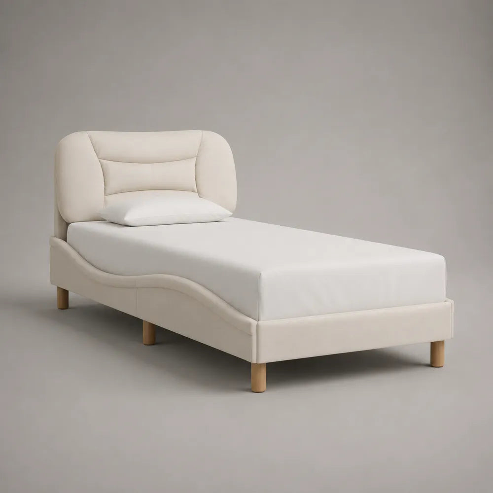 Letto singolo imbottito 90x200 cm struttura letto in tessuto poliestere beige con testiera a pannelli imbottiti gambe in legno naturale