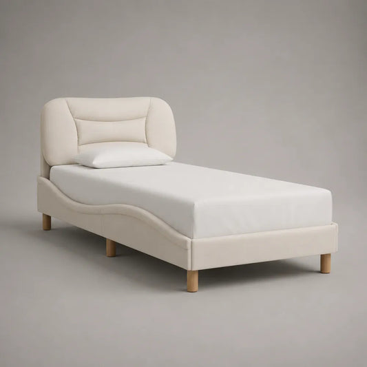 Letto singolo imbottito 90x200 cm struttura letto in tessuto poliestere beige con testiera a pannelli imbottiti gambe in legno naturale