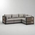 Divano da giardino modulare angolare 260 cm x 200 cm x 75 cm alluminio nero con rattan PE e doghe in legno cuscini grigio chiaro