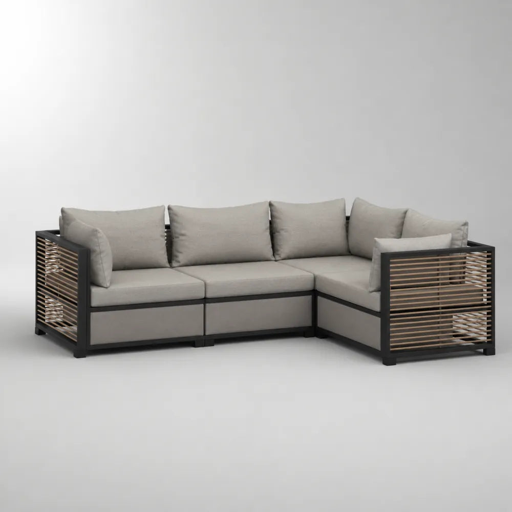 Divano da giardino modulare angolare 260 cm x 200 cm x 75 cm alluminio nero con rattan PE e doghe in legno cuscini grigio chiaro
