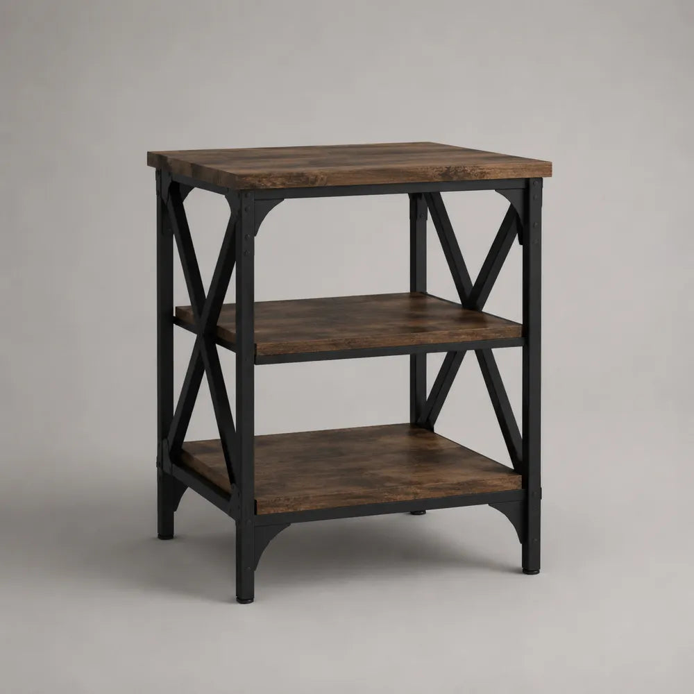 Tavolino laterale 50 x 40 x 60 cm con 3 ripiani in legno effetto rovere e struttura in metallo nero stile industriale