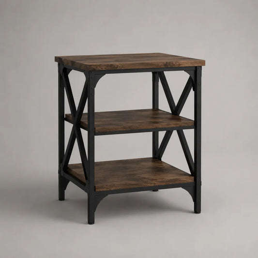 Tavolino laterale 50 x 40 x 60 cm con 3 ripiani in legno effetto rovere e struttura in metallo nero stile industriale