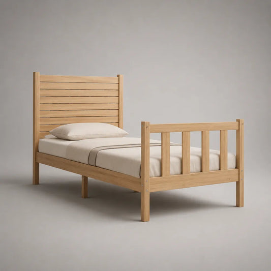 Letto singolo 90x200 cm struttura in legno massello di pino naturale con testiera e pediera a doghe rettangolare