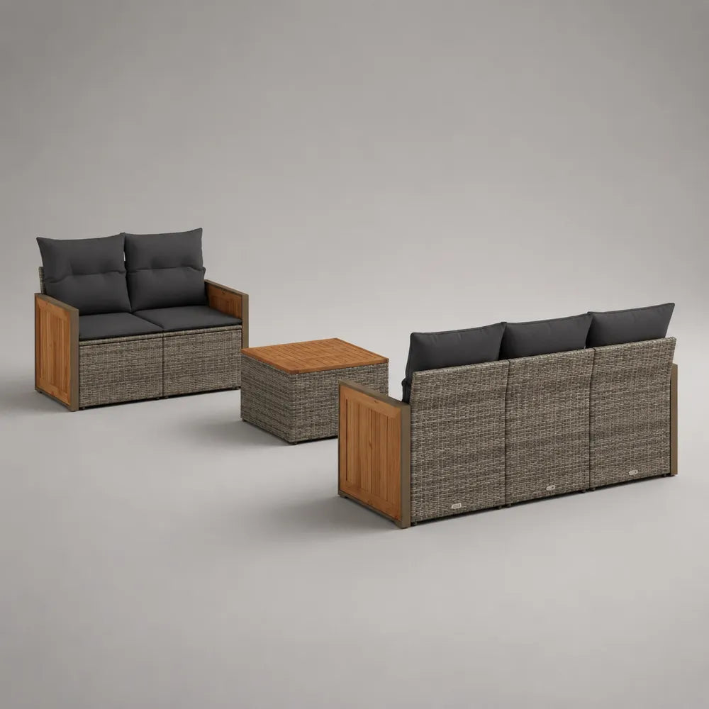Set divani da giardino 5 posti in rattan PE con struttura in acciaio nero e dettagli in legno di acacia con tavolino quadrato
