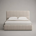 Letto matrimoniale 160 x 200 cm imbottito in tessuto poliestere beige con testiera e pediera geometriche pannellate gambe cilindriche nere