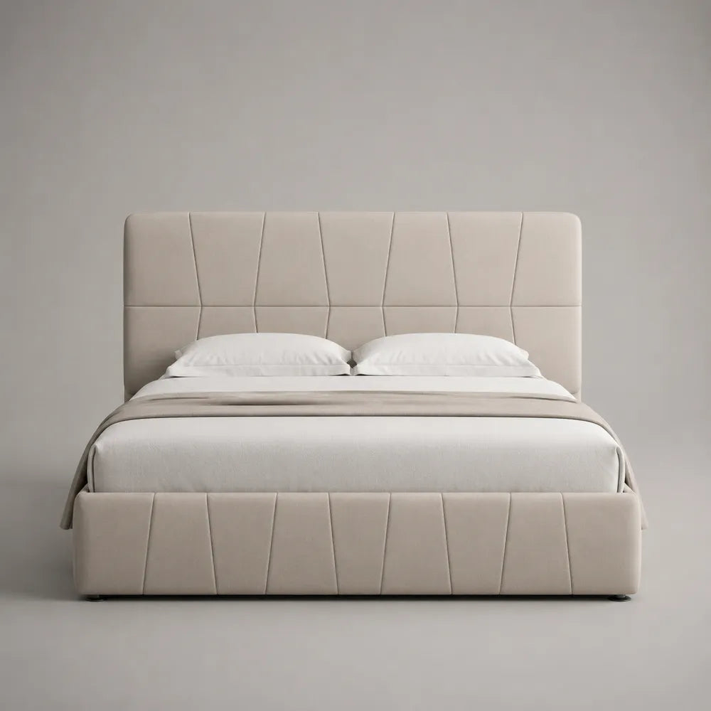 Letto matrimoniale 160 x 200 cm imbottito in tessuto poliestere beige con testiera e pediera geometriche pannellate gambe cilindriche nere