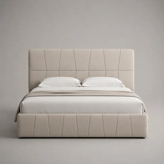 Letto matrimoniale 160 x 200 cm imbottito in tessuto poliestere beige con testiera e pediera geometriche pannellate gambe cilindriche nere
