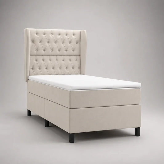 Letto singolo 90x200 cm struttura imbottita in tessuto poliestere beige con testiera capitonné e gambe nere