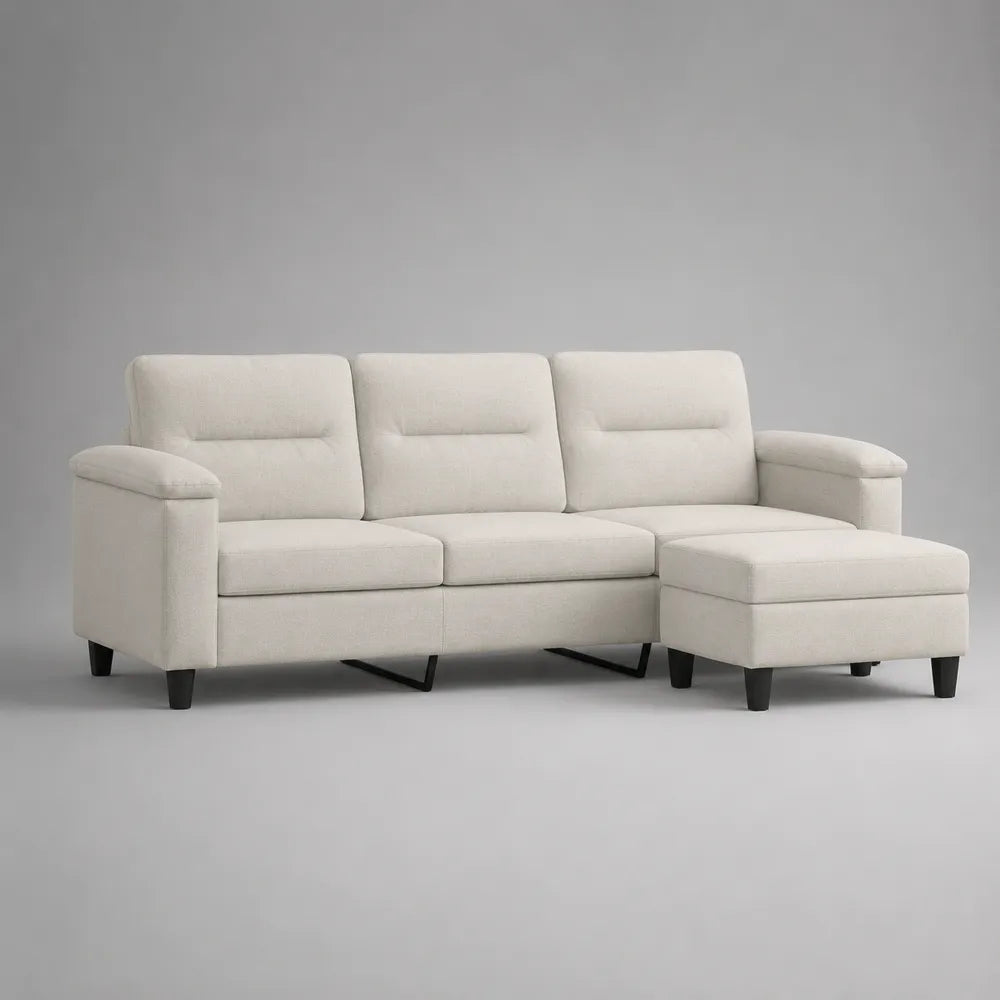 Divano angolare modulare 3 posti con chaise 240 cm x 150 cm x 85 cm struttura in legno rivestimento tessuto poliestere beige chiaro gambe nere