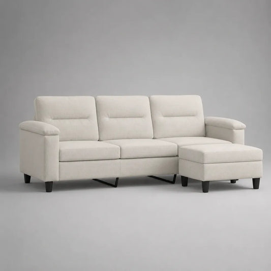 Divano angolare modulare 3 posti con chaise 240 cm x 150 cm x 85 cm struttura in legno rivestimento tessuto poliestere beige chiaro gambe nere