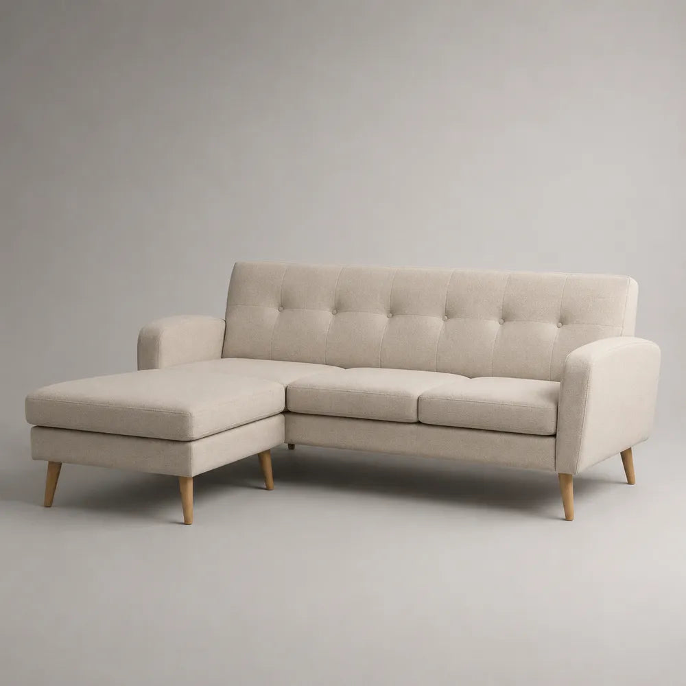 Divano con chaise longue sinistra 220 x 160 x 85 cm struttura in legno multistrato rivestimento in tessuto poliestere beige gambe in legno massello