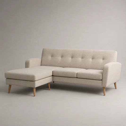 Divano con chaise longue sinistra 220 x 160 x 85 cm struttura in legno multistrato rivestimento in tessuto poliestere beige gambe in legno massello