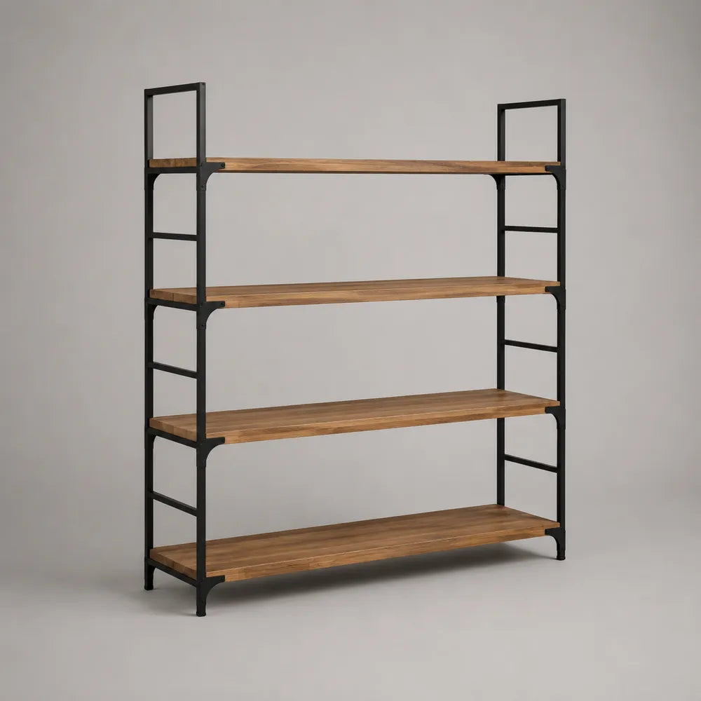 Scaffale libreria a 4 ripiani in legno e struttura in metallo nero stile industriale