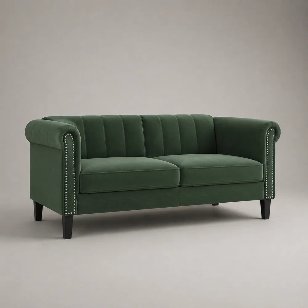 Divano 2 posti 175 x 85 x 80 cm in tessuto poliestere verde con schienale imbottito e struttura in legno multistrato forma rettangolare