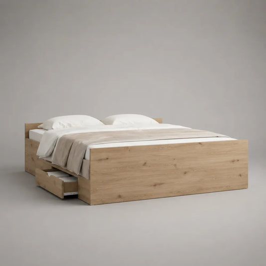 Letto matrimoniale 160 x 200 cm struttura con contenitore in MDF effetto legno naturale rettangolare con cassetto laterale e testiera bassa