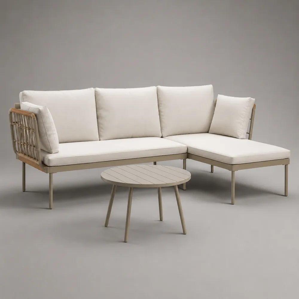 Set divano da giardino angolare modulare 240 cm x 160 cm x 70 cm rattan PE beige con cuscini e tavolino rotondo coordinato
