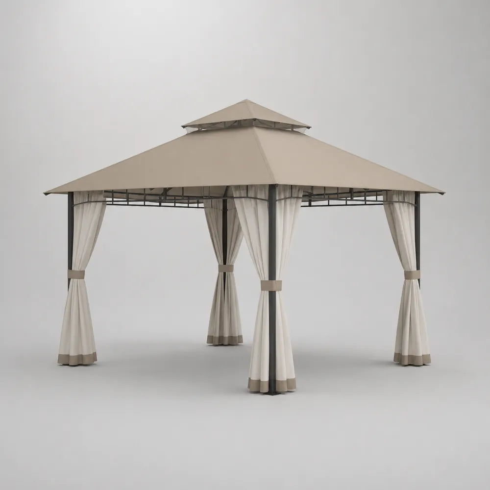 Gazebo da giardino 300 cm x 300 cm x 280 cm con tende laterali struttura in acciaio nero tetto in poliestere colore beige
