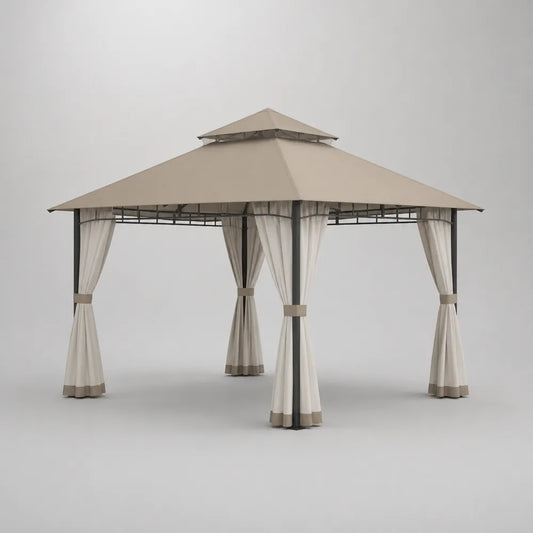 Gazebo da giardino 300 cm x 300 cm x 280 cm con tende laterali struttura in acciaio nero tetto in poliestere colore beige