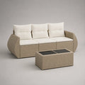Divano da giardino 3 posti 210 cm x 80 cm x 80 cm rattan PE beige con cuscini crema e tavolino rettangolare in vetro temperato