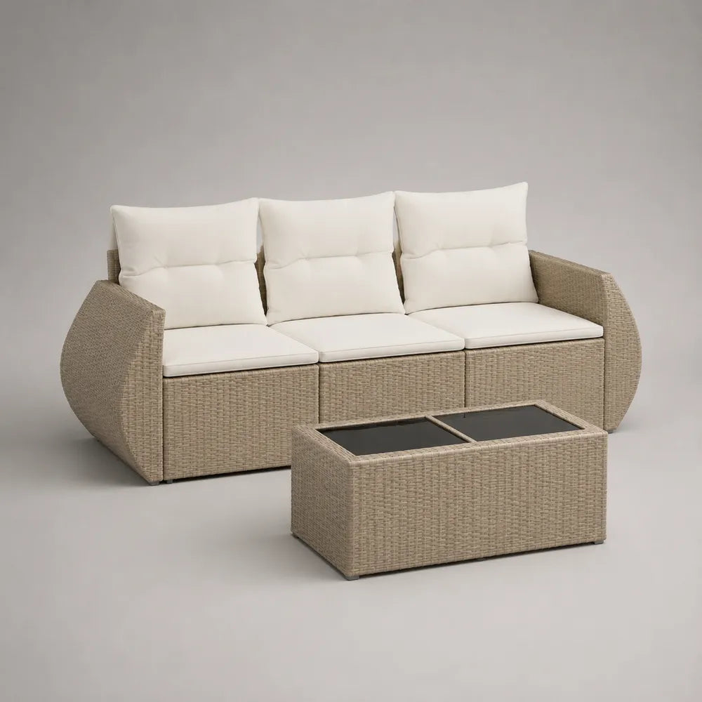 Divano da giardino 3 posti 210 cm x 80 cm x 80 cm rattan PE beige con cuscini crema e tavolino rettangolare in vetro temperato