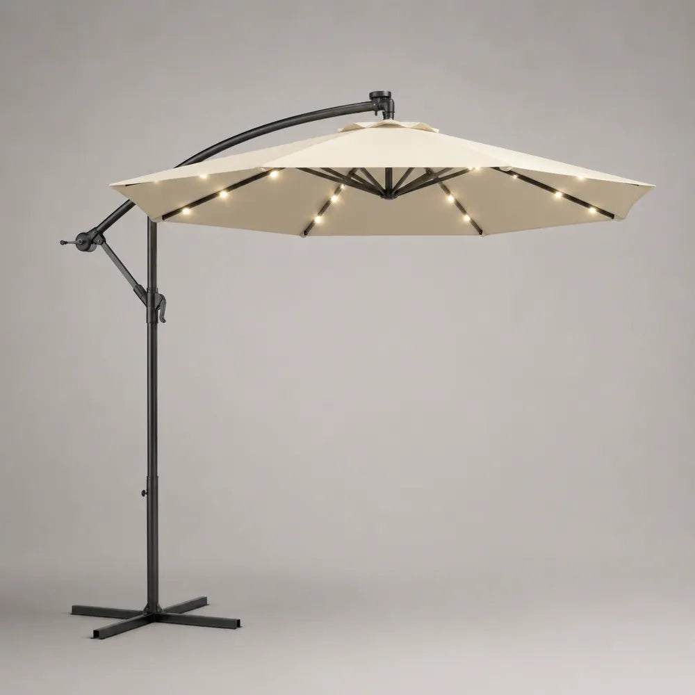 Ombrellone da giardino a braccio laterale 300 cm x 300 cm x 260 cm con luci LED struttura in acciaio e copertura in poliestere beige con base a croce