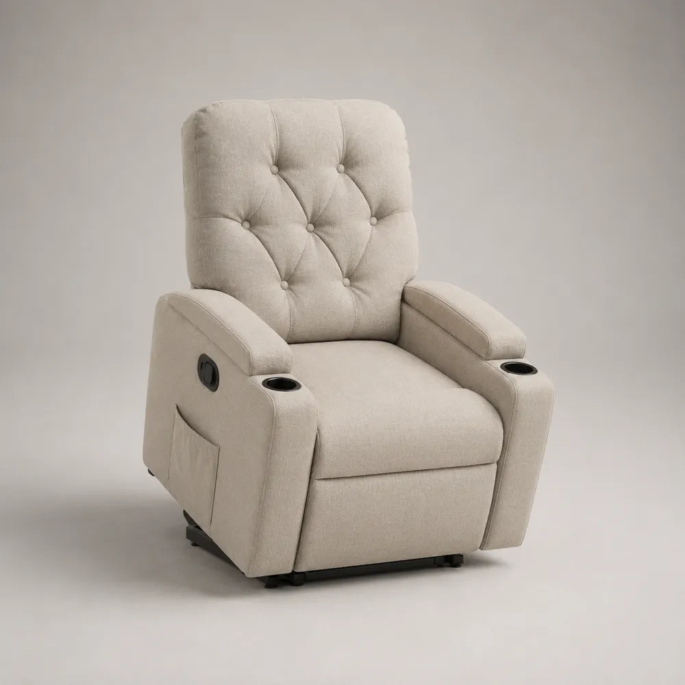 Poltrona relax reclinabile 84 x 91 x 105 cm in tessuto poliestere beige chiaro con portabicchieri e tasca laterale struttura in legno multistrato