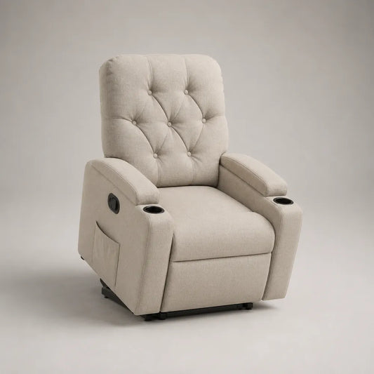 Poltrona relax reclinabile 84 x 91 x 105 cm in tessuto poliestere beige chiaro con portabicchieri e tasca laterale struttura in legno multistrato